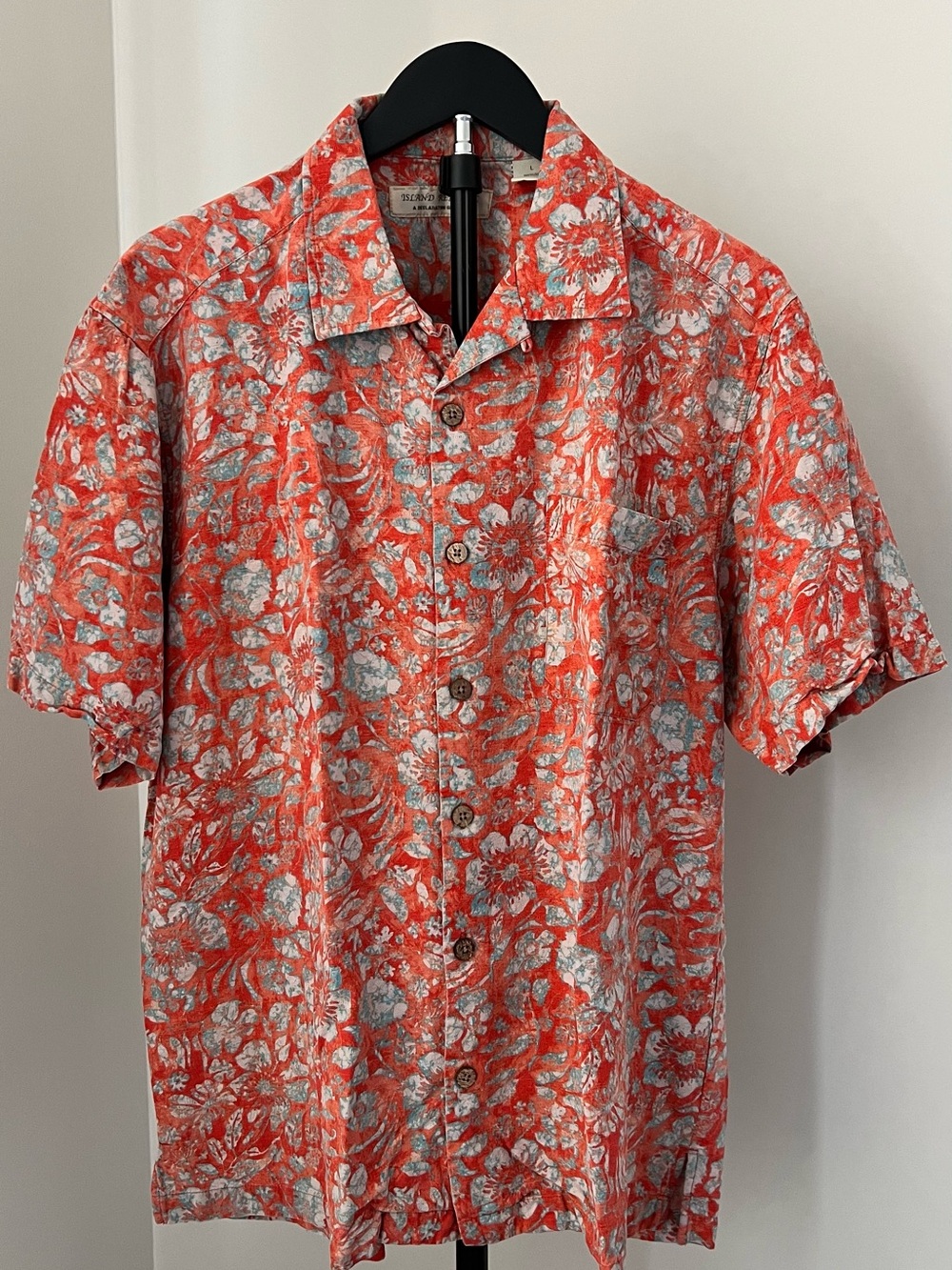 Island Republic Coral Floral 100% silk Short-Sleeve Button-Down Shirt men’s L
